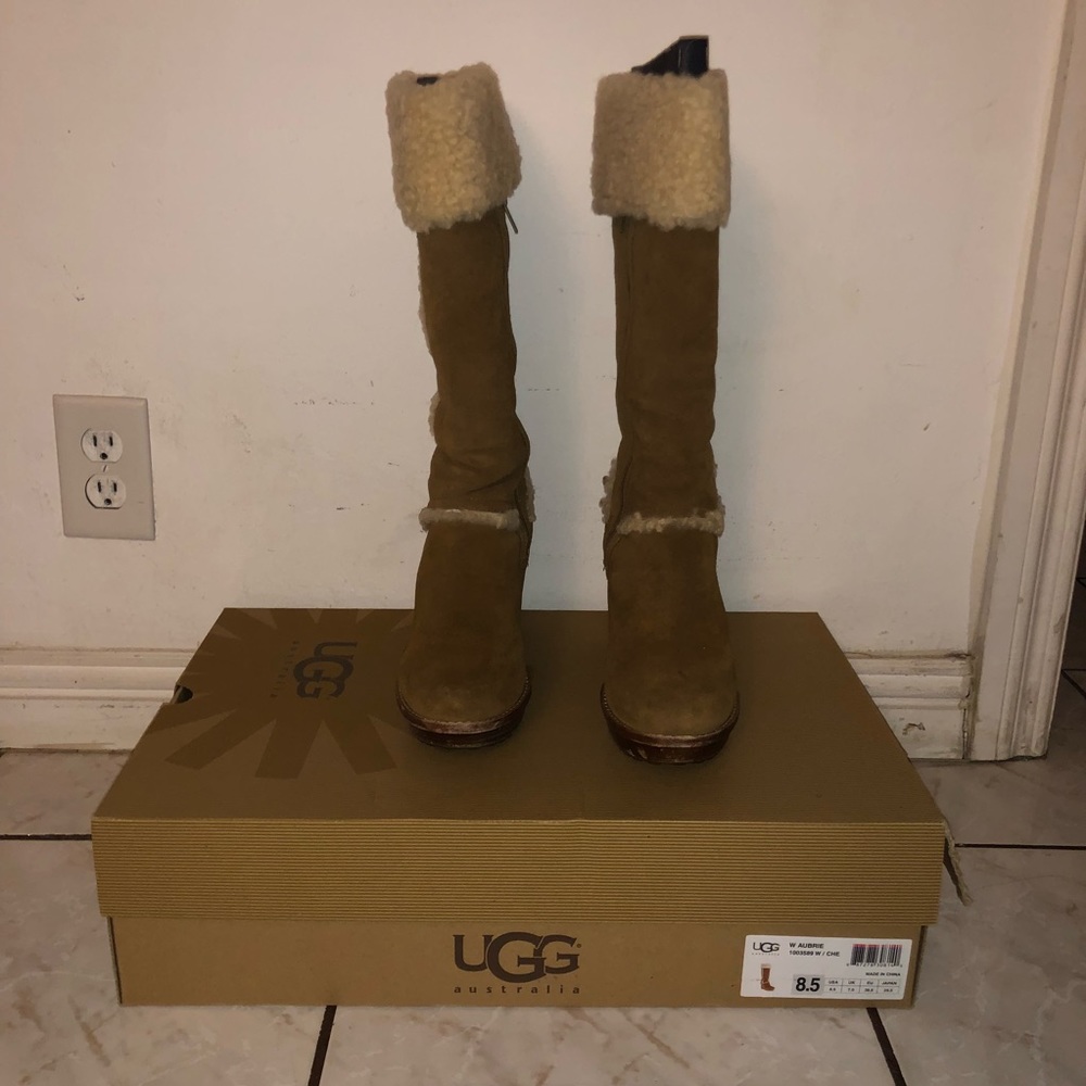 UGG Tall Chestnut Suede Shearling-Cuff Heeled Boots